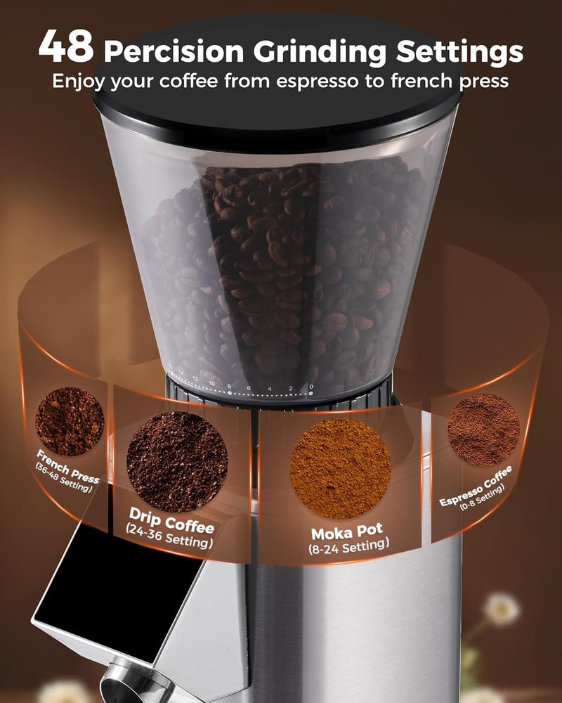 Tuni G1 Conical Burr Coffee Grinder, 48 Grind Settings Anti-static Burr Mill, Precision Electronic Timer and LED Touchscreen for Espresso/Drip/Cold Brew/French Press, Stainless Steel, Silver - Image 3